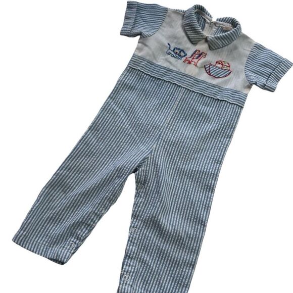 Darling Vintage 1980s Noah’s Ark Boat Animals Embroidered Seersucker Jumpsuit - Picture 1 of 12